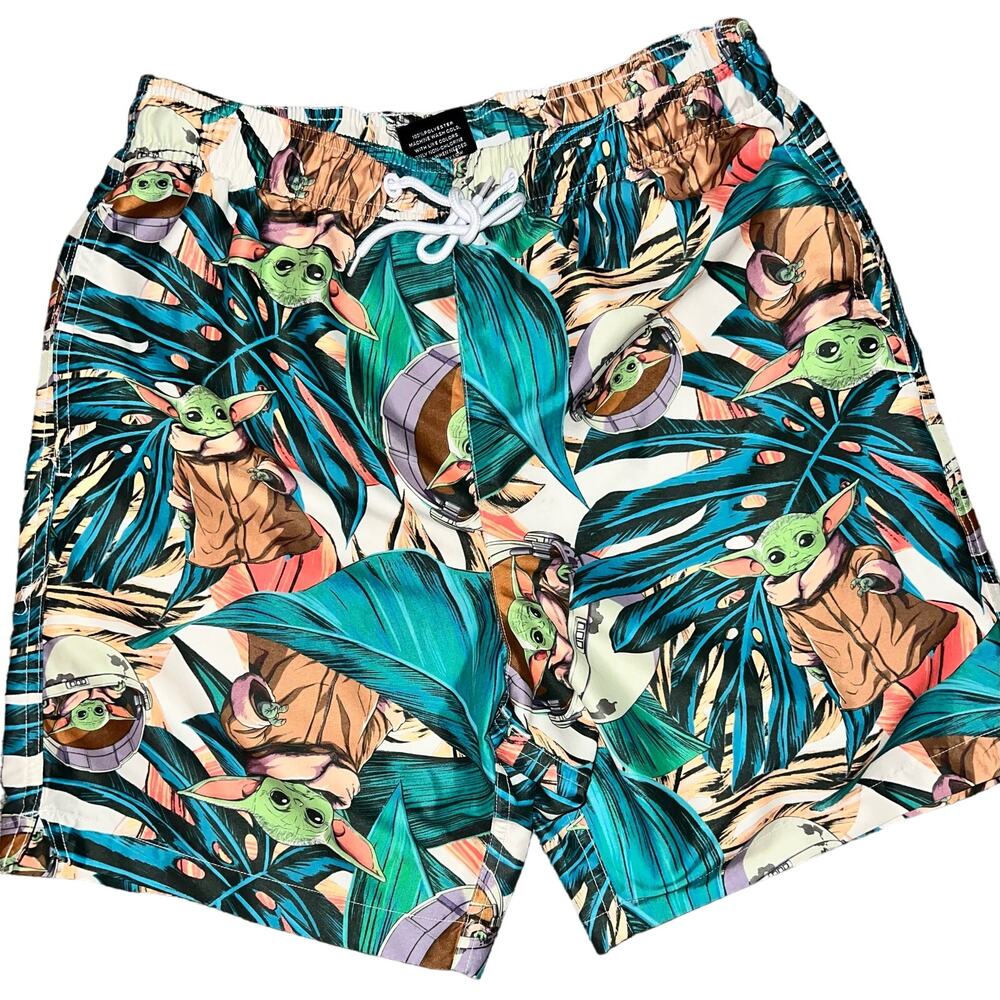 Mens Star Wars Baby Yoda Tropical Swim Trunks Size Small. Drawstring Swimwear